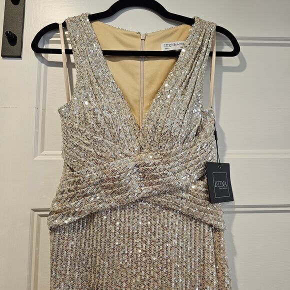 Mac Duggal 26598 Silver Sequin Wrap Waist Gown Formal Dress V Neck Nude Size 0 - Picture 3 of 9